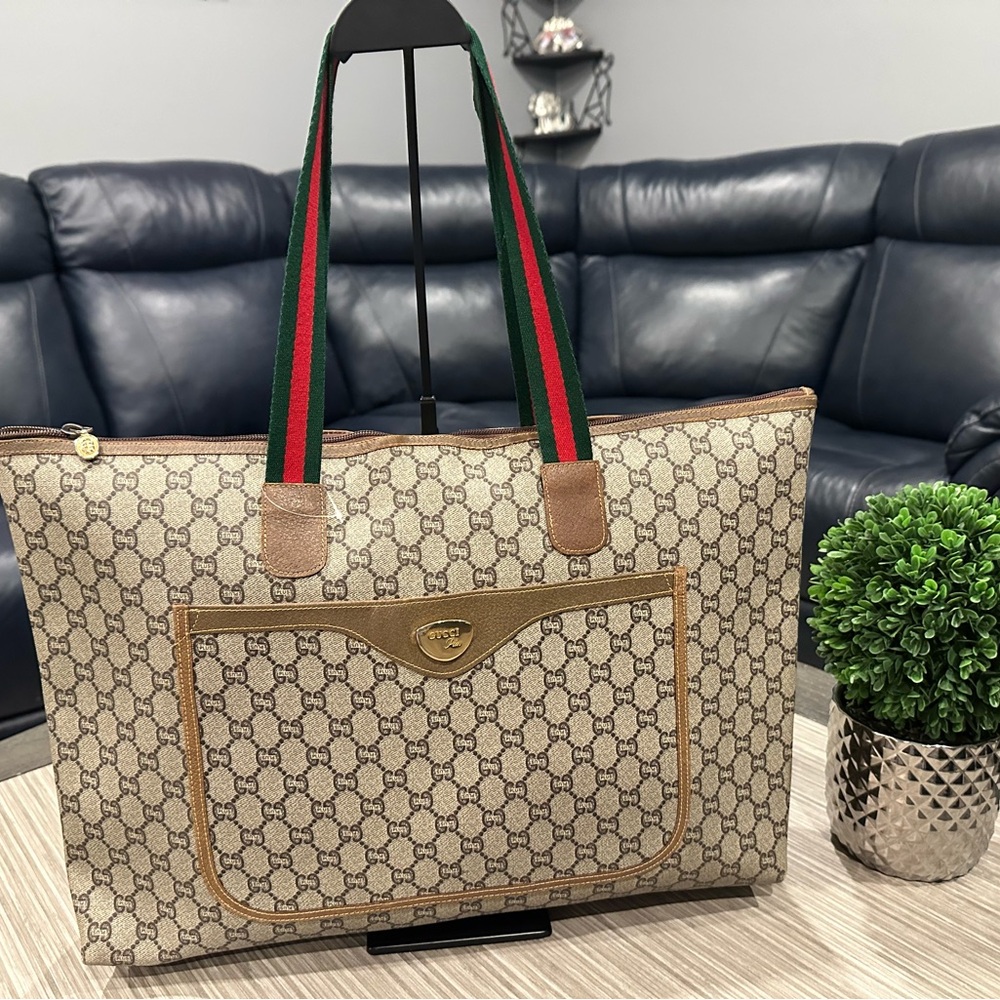 GUCCI GG Plus Canvas Web Sherry Line Tote Bag Beige Red Green Auth 19x13x4
